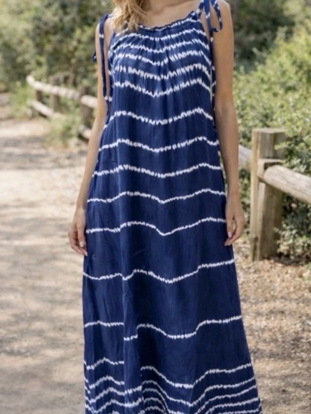 Navy Tie-Dye Maxi Dress with Adjustable Shoulder Ties